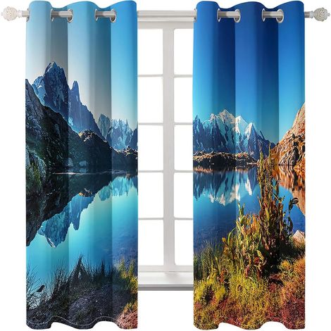 Rideaux à œillets pour chambre d'enfant - Paysage de lac bleu montagne de neige 72 x 46 pouces - Rideaux 3D - Rideaux perforés opaques d'intérieur - Isolation et réduction du bruit - Applicable à la c (1/5)