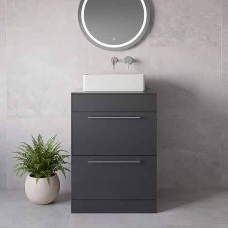 Napoli 460 Gloss Grey 600mm 2 Drawer Vanity Unit for Countertop Basins - 600mm - Chrome 320mm Handle