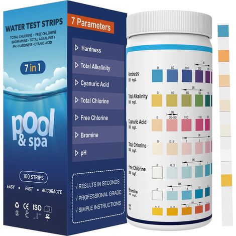 Bandelette Piscine, Languette Piscine, Testeur Piscine, Bande Test Piscine, Test pour Piscine : pH, Chlore Libre, Chlore Total, Brome, Dureté Totale, Alcalinité Totale, Acide Cyanurique CYA (1/5)