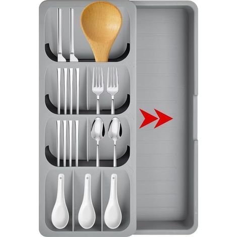 Tiroir à couverts, organiseur de tiroir de cuisine, séparateur de couverts compact, boîte à couverts en plastique grise pour couverts, cuillère, couteau, fourchette (1/5)