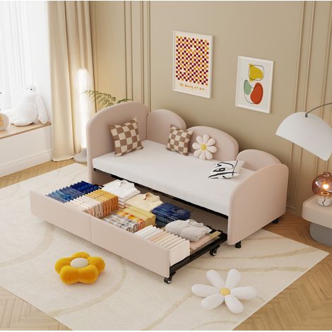 Kinderbett mit Schublade 90x200 Samt Rosa Bettgestell OKMYHOME (1/5)