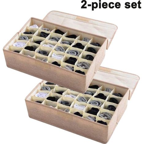 Lot de 2 organisateurs de rangement pour sous-vêtements et chaussettes, séparateur de tiroir pliable avec couvercle, 30 compartiments, en lin et coton, convient pour ranger chaussettes, sous-vêtements (1/5)