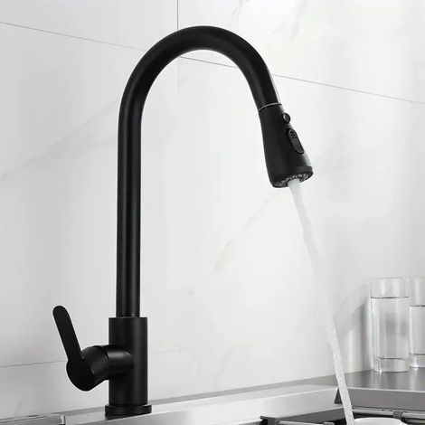 (Noir-A) Robinet de cuisine en acier inoxydable 304 avec douchette extractible, mitigeur à montage sur plage, robinets d'eau chaude et froide (1/5)