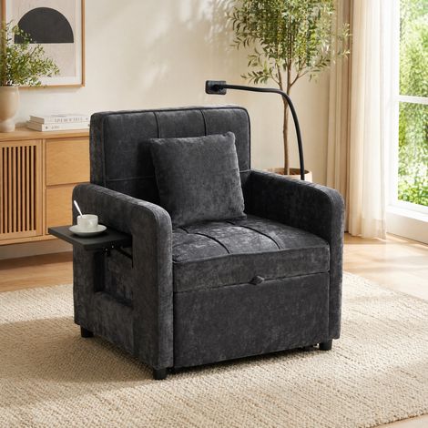 Fauteuil-lit 2 en 1 en chenille gris foncé avec tablette et poches de rangement (1/5)