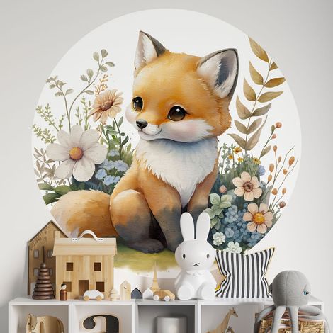 Sticker mural rond / cercle Enfants - Bébé Renard - Diamètre 30 cm - Adhésif MAT (1/2)