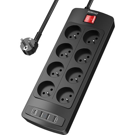 Multiprise 12-en-1 avec 8 Prises + 4 Ports USB, Bloc de Prises 3680W/230V avec Interrupteur, pour Maison/Bureau - Noir (1/5)