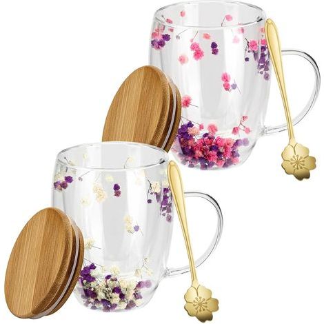 Lot de 2 tasses à café à double paroi avec fleur séchée, verres à double paroi de 350 ml avec anse, tasses en verre à double couche, tasses à café fleurs séchées, verres à macchiato avec fleurs (1/5)