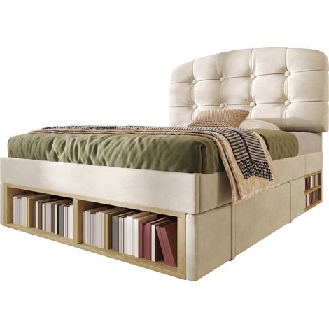 Letto singolo 90x200 imbottito in velluto beige con testiera regolabile, rete a doghe, cassetti e vani contenitore, giroletto senza materasso  CHICFURN (1/5)