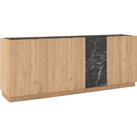 Buffet 4 portes 180cm en mélaminé imitation bois et marbre noir - ODALYS