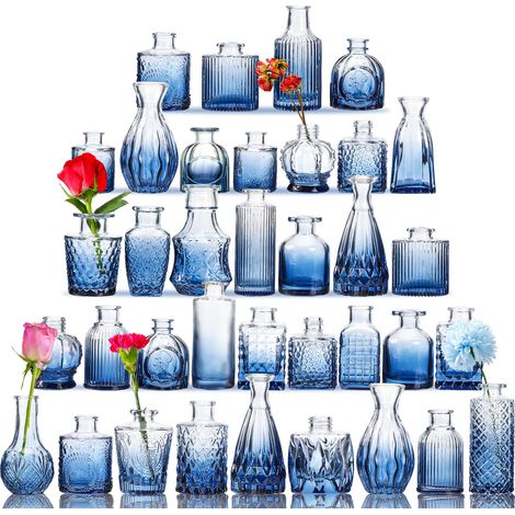 Lot de 36 Vases à bourgeons en verre pour centres de table, mini vases à fleurs en vrac pour décorations de mariage champêtres, look vintage, Bleu (1/5)