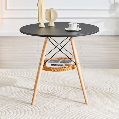 Tavolo da pranzo rotondo 86x85x14 cm, con cestino portaoggetti intrecciato, in legno massello e MDF, nero e legno (1/5)