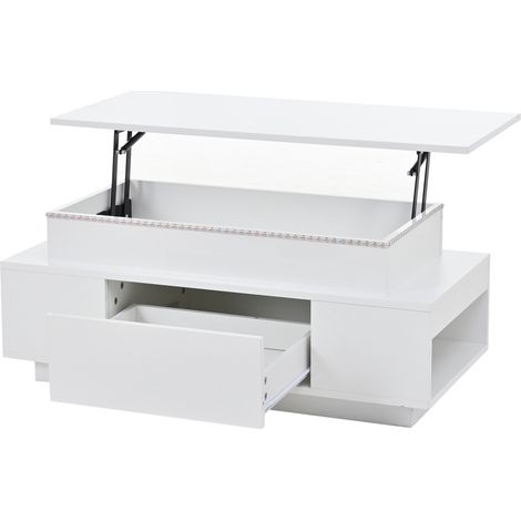 Höhenverstellbarer Couchtisch 96x45x40 cm mit verstecktem Fach und Schublade, weiß Hochglanz (1/5)