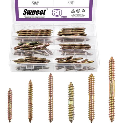 Kit assorti de 80 vis à double tête M6 M8 en zinc coloré, vis à double extrémité, vis pour chevilles en bois, boulons auto-tarauds (1/5)