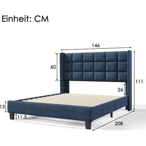 Lit rembourré avec sa tête de lit rembourrée Lit double à base à lattes, 140x200cm, en lin bleu, ferme moyenne (sans matelas) (1/5)