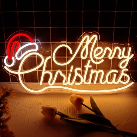 Décoration murale néon « Joyeux Noël », chapeau de Père Noël lumineux LED, alimentation USB, pour fête de Noël, cadeau, anniversaire, bar, salon, chambre, chambre d'enfant (42,7 x 20,8 cm) (1/5)