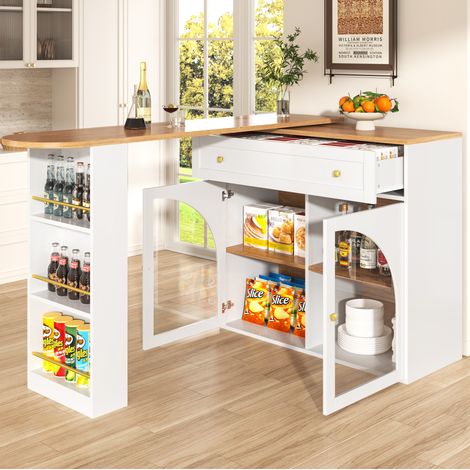 Ausziehbarer Bartisch 138-204 x 39 x 104 cm weiß mit Stauraum und 360°-Drehfunktion (1/5)