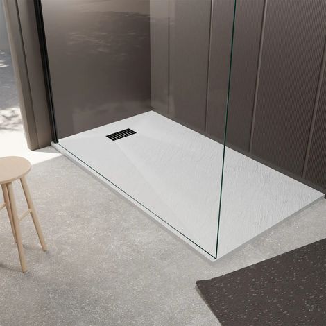 Plato Ducha Blanco Efecto Piedra 90x160 y Rejilla Lineal Negra Mate (1/5)