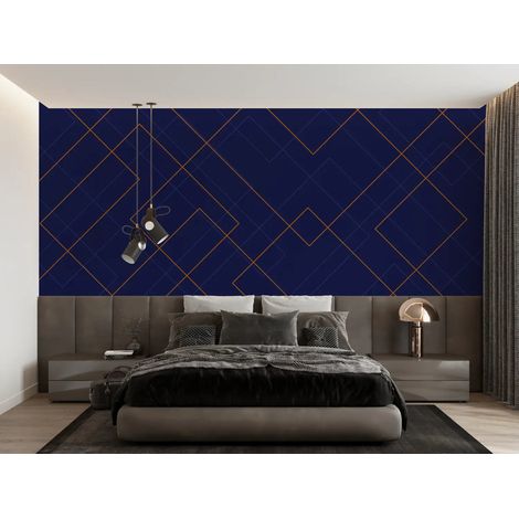 Papier Peint Géométrique - Lignes Cubiques Or et Bleu - 300 x 250 cm (1/2)