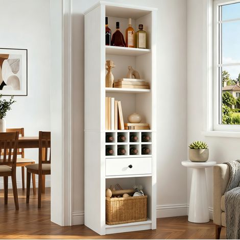 Vitrinenschrank 55x40x200 cm, mit LED Beleuchtung, 1 Schublade, 12 Staufächer, MDF, Weiß (1/5)