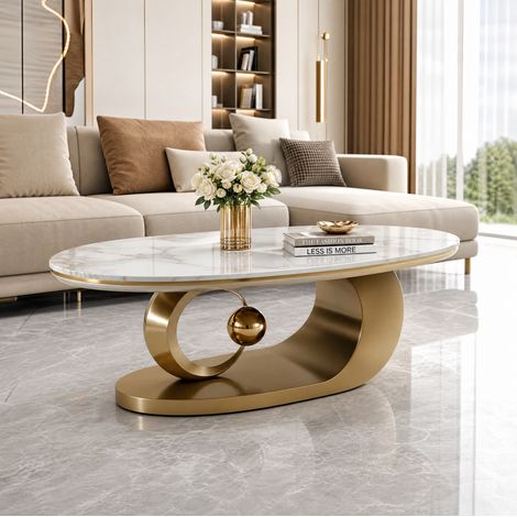 Aparador 120/67/45 cm blanco y dorado, mesa ovalada efecto mármol (1/5)