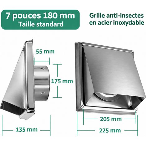 Grille d'aération murale extérieure inox 7 pouces 180 mm avec clapet intégré, grille anti-insectes et vis – 23 × 23 × 14 cm – Livraison gratuite (1/5)