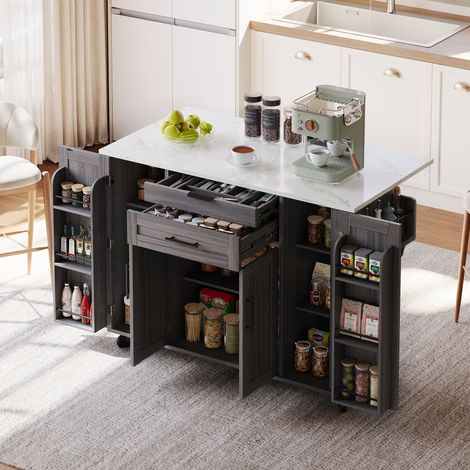 129x46(71)x91cm Kitchen island on wheels, with foldable tabletop, adjustable shelves, rolling trolley with storage cabinets and 2 drawers, for the dining room