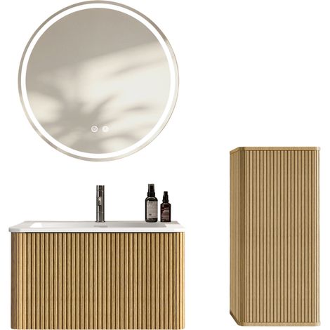 Mobile bagno sospeso 80 cm con lavabo, specchio LED rotondo e colonna laterale, colore rovere (1/5)