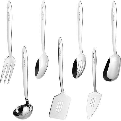 Set d'Ustensiles de Service en Acier Inoxydable, 7 Petits Ustensiles de Cuisine, Louche, Spatule à Fentes, Fourchette à Viande, à Fentes, Pelle à Gâteau, Cuillère Solide, Cuillère Carrée