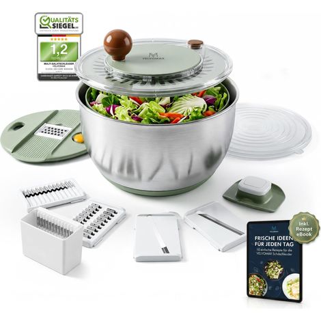 Essoreuse à salade 6 en 1 - En acier inoxydable - 4,5 l - Multifonction - Coupe-légumes - Bol de service et salade Spinner en un - Passe au lave-vaisselle - Saladier antidérapant avec (1/5)