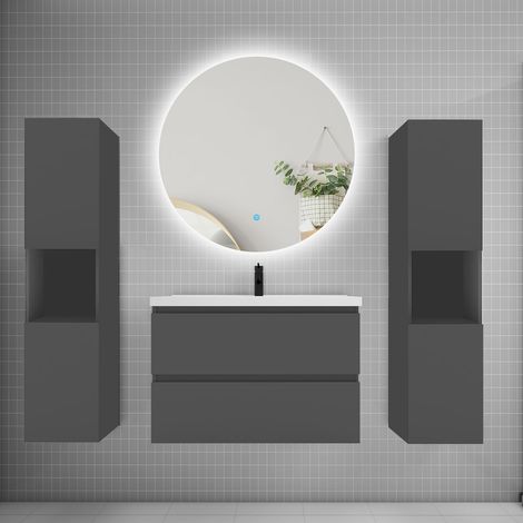 Ensemble meuble anthracite et vasque L.80cm 2 tiroirs + colonne2 haut + lavabo + miroir 60x60cm-suspendu