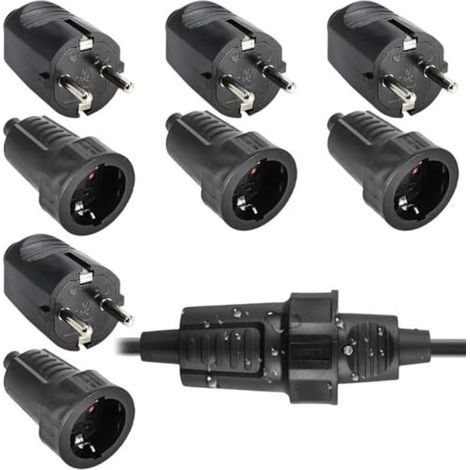 4 paires de prises et fiches Schuko : fiche de sécurité 250 V 16 A IP54, ensemble de prise et fiche bipolaire en caoutchouc avec serre-câble, fiche Schuko étanche adaptée à une utilis (1/5)