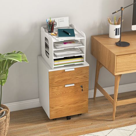Mobiletto portadocumenti con ruote, 2 cassetti, asta appendiabiti per cartelle formato A4 e Letter, serratura, 42x40x60 cm, bianco e naturale.