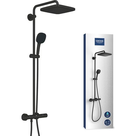 Colonne de Douche avec Mitigeur Thermostatique, Douche de Tête Carrée 25cm 1 Jet, Douchette Carrée 11cm 2 jets, Flexible 1,75m, Economie d'Eau, Noir Mat, 266972431 (1/5)
