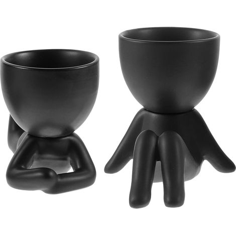 Lot de 2 Pots de Fleurs en Céramique Figurine Humaine pour Plantes Grasses et Cactus, Décor Intérieur Bureau Maison, Petit Format Noir, sans Plante, Décoration Originale (1/5)