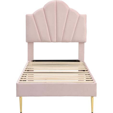Letto imbottito in velluto rosa 90 x 200 cm, testiera a conchiglia, piedi dorati (1/5)