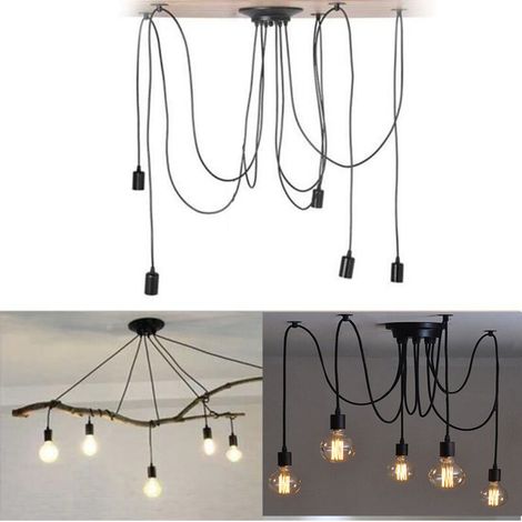 Plafonnier Vintage Antique E27 Lustre Rétro Suspension Luminaire D'Intérieur 5 Têtes Noire (1/4)