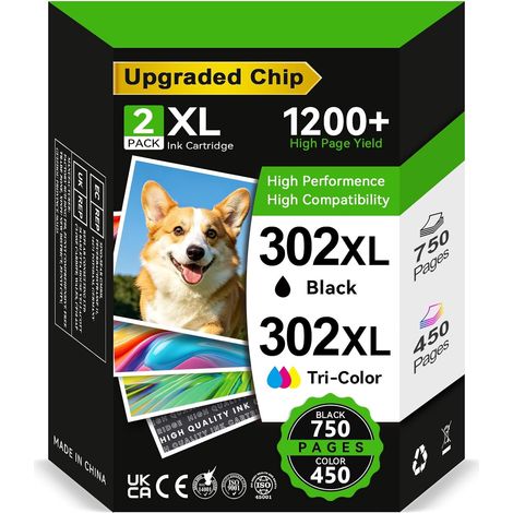 Encre 302XL BK/CMY - 750/450+ Pages, Remplacement pour es Cartouche HP 302 XL Noir et Couleur, Encre Imprimante 302 XL pour HP Envy 4520 4625 4527 Officejet 3830 3831 5230 Deskjet 3630 (1/5)