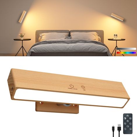 1 Applique Murale Bois, Rotation 360°, LED RGB Rechargeable USB, Tactile Télécommande, Intérieur
