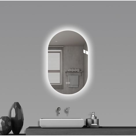 Espejo LED ovalado para baño 50x80 cm sin marco, antivaho, táctil, plateado (1/5)