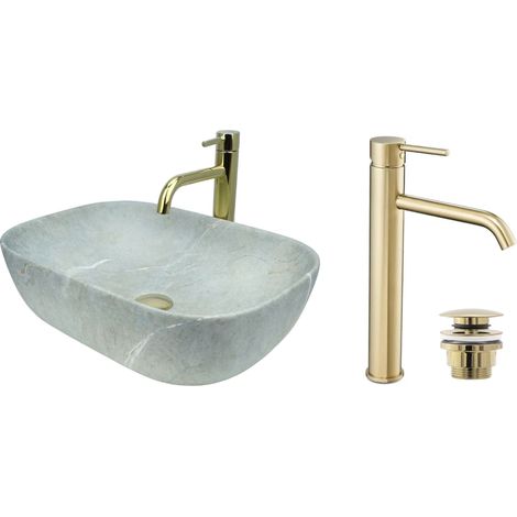 GTM Design Aufsatzwaschbecken 46 cm Matt Set mit Waschtischbatterie und Stopfen - Aufsatzwaschbecken Oval für Badezimmer - Modernes Waschbecken ohne Hahnloch - Waschbecken mit Armature (1/5)
