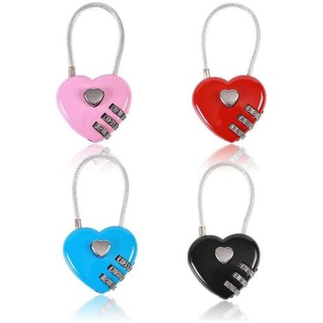 Lot de 4 cadenas en forme de cœur, mini serrure à code, câble métallique, code à 3 chiffres, cadenas à combinaison, cadenas pour couple, mot de passe réinitialisable, boîte de verrouillage pour bagage