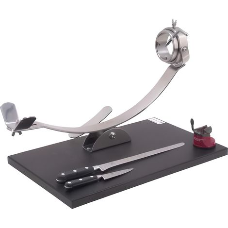 Support à jambon rotatif avec 2 couteau en acier inoxydable/fibre noire - Longueur 50 x Profondeur 30 x Hauteur 2 cm