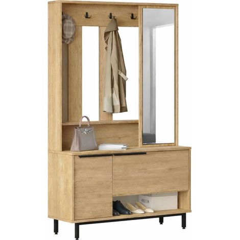 Meuble Vestiaire 3 Portes 4 Niches Miroir Chêne L 112.2 H 178.2 P 35.5 cm (1/5)