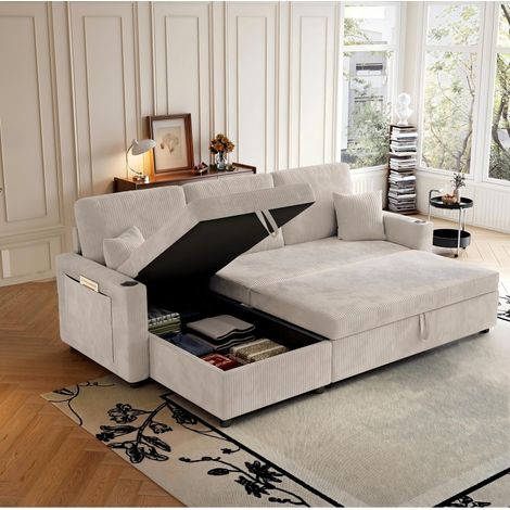 Canapé convertible d'angle 3 places - 215x135x90cm - Station de charge, coffre et porte-gobelets - Velours côtelé pelucheux Beige (1/5)