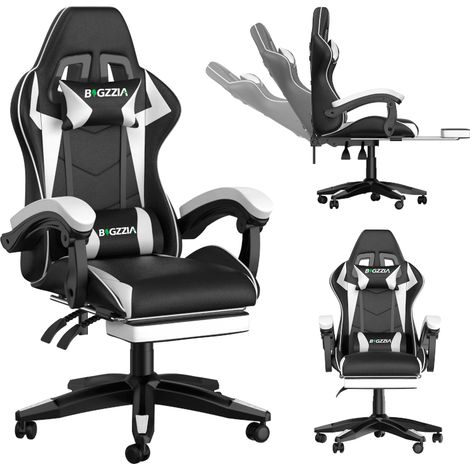 Vedio Gaming Chair with footrest, BIGZZIA Gamer Chairs with Lumbar Cushion + Headrest, black and white (1/5)