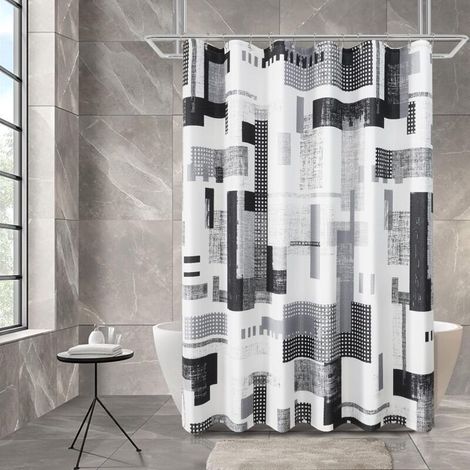 Rideau de douche noir et gris, ensemble rideau de salle de bain à motif géométrique noir et blanc, 183 x 183 cm (1/5)