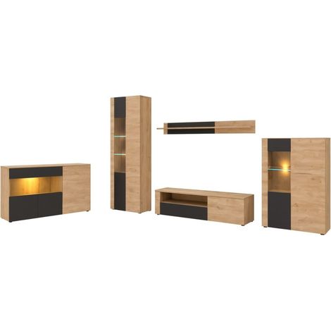 Salon completo DOUM - Credenza bassa, vetrina, mobile TV, credenza alta e mensola a muro - Rovere chiaro e nero