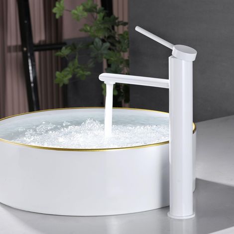 Robinet de Lavabo Haut Blanc Mitigeur pour Vasque Mitigeur Monocommande Lavabo en Acier inoxydable Robinet Vasque Chaud et Froid Réglable PTMP15W (1/5)