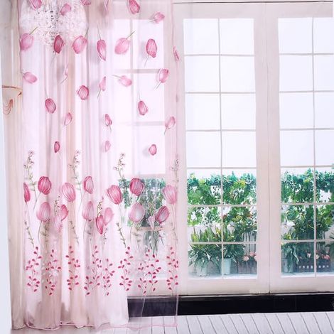 Rideaux en tulle imprimé tulipes 100 x 200 cm, voilages roses pour balcon ou fenêtre, décoration de fenêtre. (1/5)