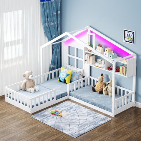Kinderbett 90x200 cm mit LED und Regalen, in Hausform, Sicherheitsbarriere, in Weißholz, ohne Matratze (1/5)